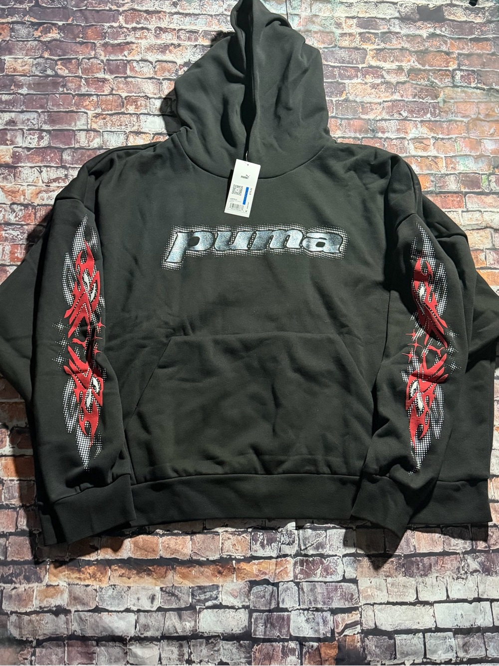 Puma Black Crewneck Hoodie with Red Sleeve Flames